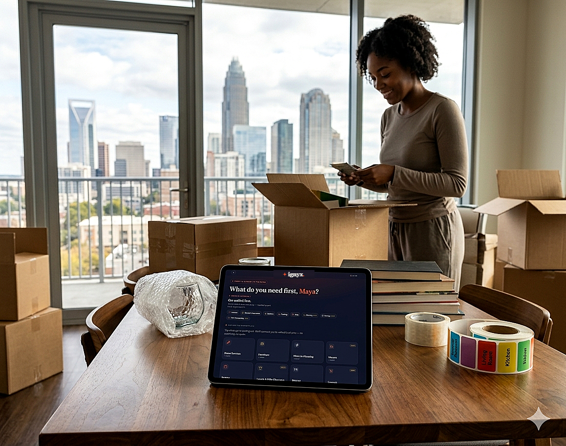 A resident unpacking moving boxes in her new Charlotte apartment with the Ignyx marketplace open on a tablet and the Charlotte skyline beyond the window