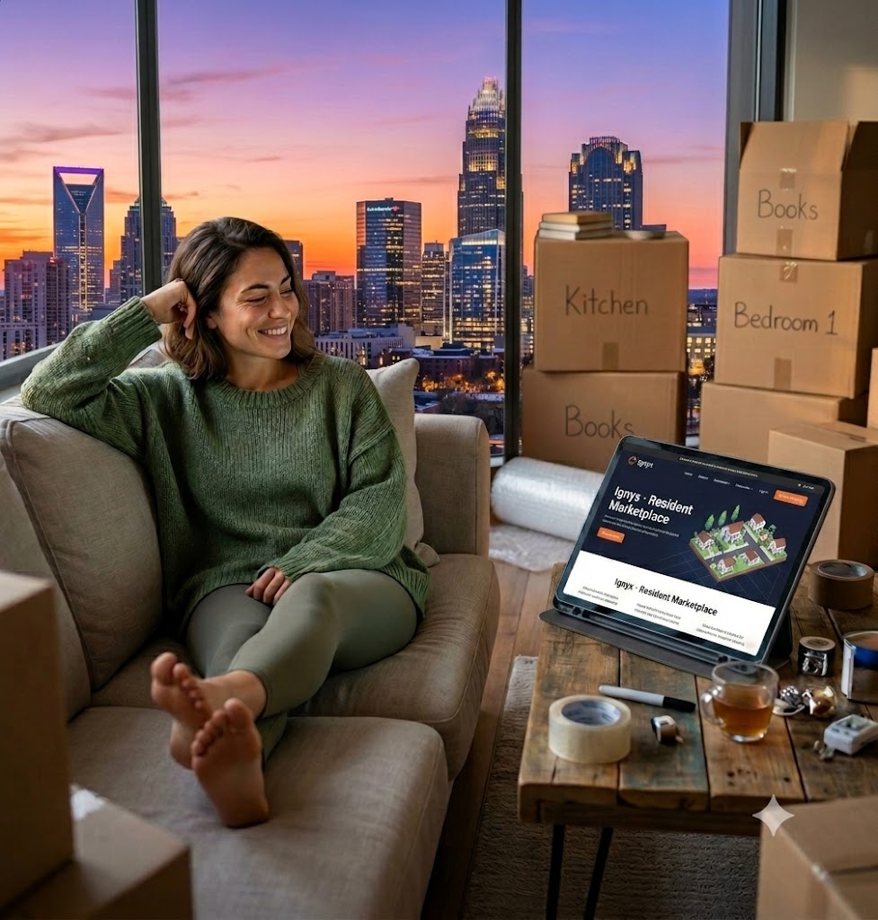 A resident relaxing at dusk in her new Charlotte apartment, the Ignyx Resident Marketplace open on a tablet, labeled moving boxes around her and the Charlotte skyline at sunset through the windows